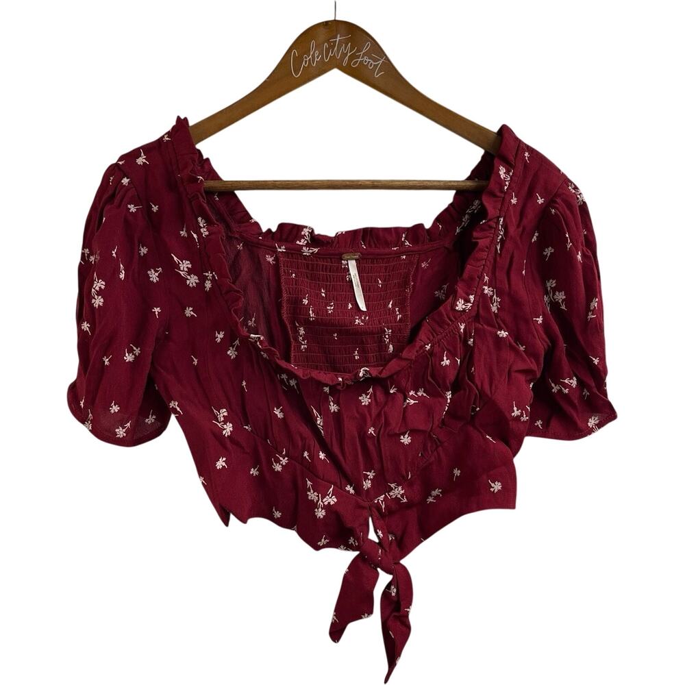 Free People Everyones Favorite Top Floral Crop Blouse 2 Tie Front Square Neck